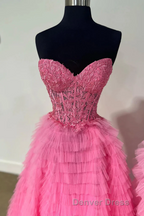 Cute Sweetheart Lace Appliques Tulle Long Prom Dresses