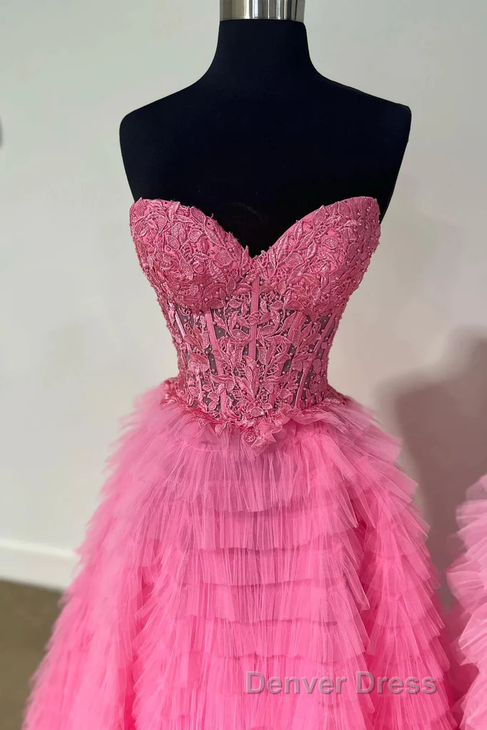 Cute Sweetheart Lace Appliques Tulle Long Prom Dresses