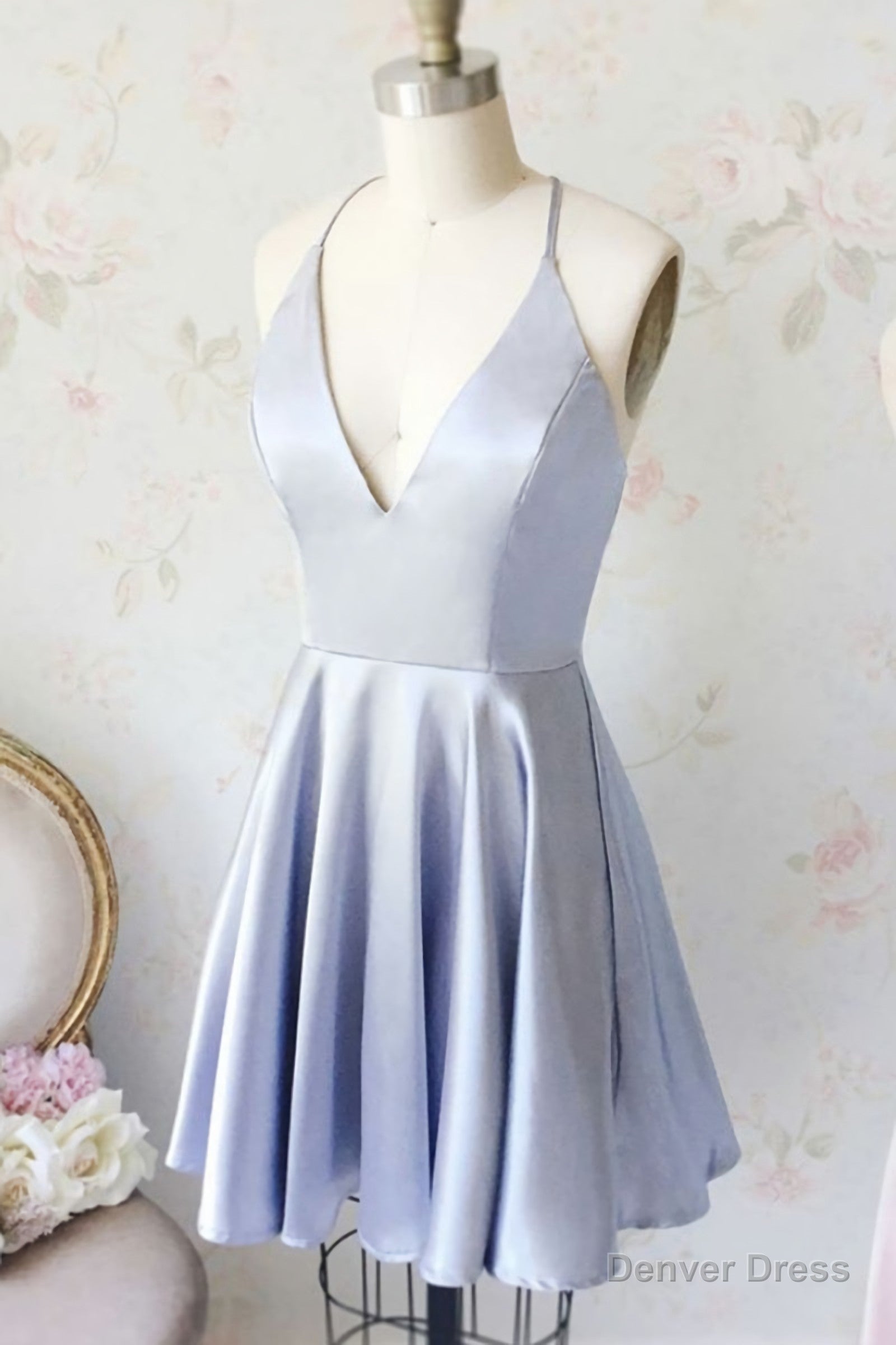 Cute Light Blue V Neck Satin Short Light Blue Homecoming Dresses Main image