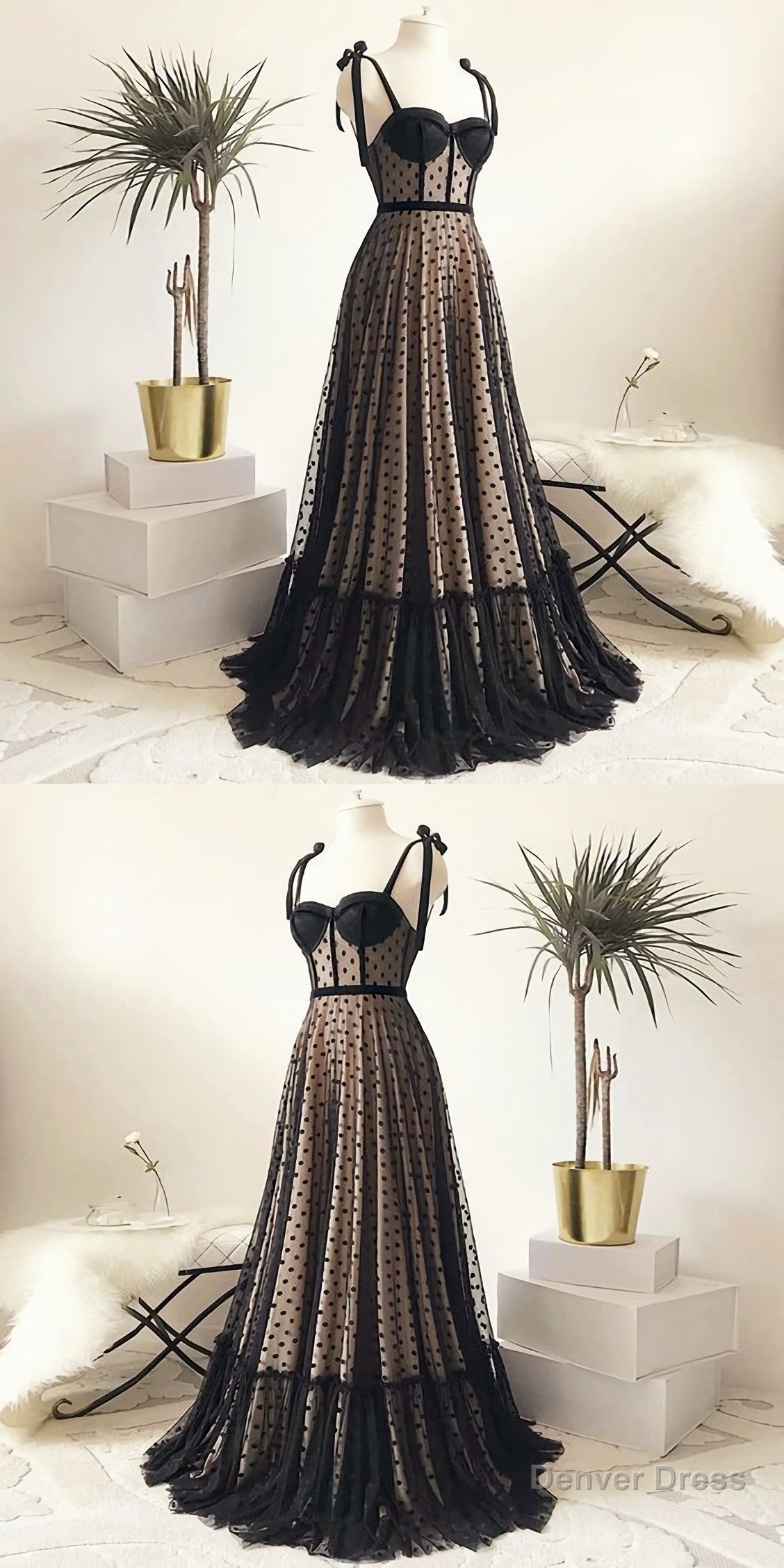 Vintage Polka Dots Spaghetti Straps Black Long Prom Dress