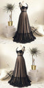 Vintage Polka Dots Spaghetti Straps Black Long Prom Dress