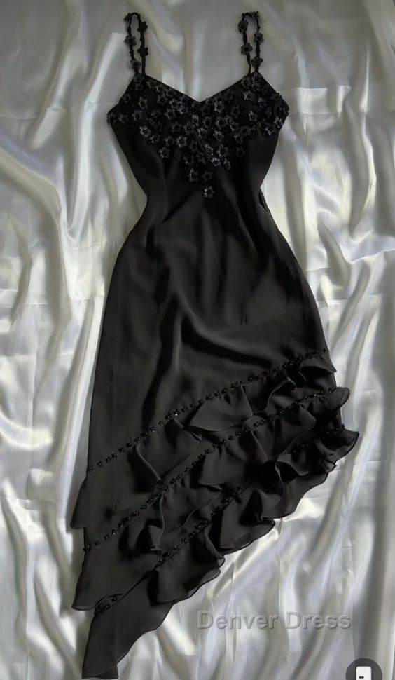 Black Vintage Spaghetti Straps Chiffon Appliques Flower Prom Dresses