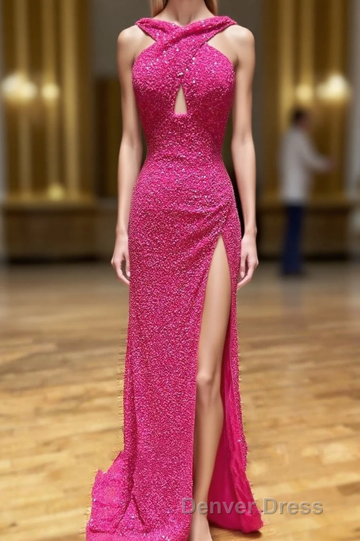 Cross Front Hot Pink Sequins Mermaid Long Formal Dresses