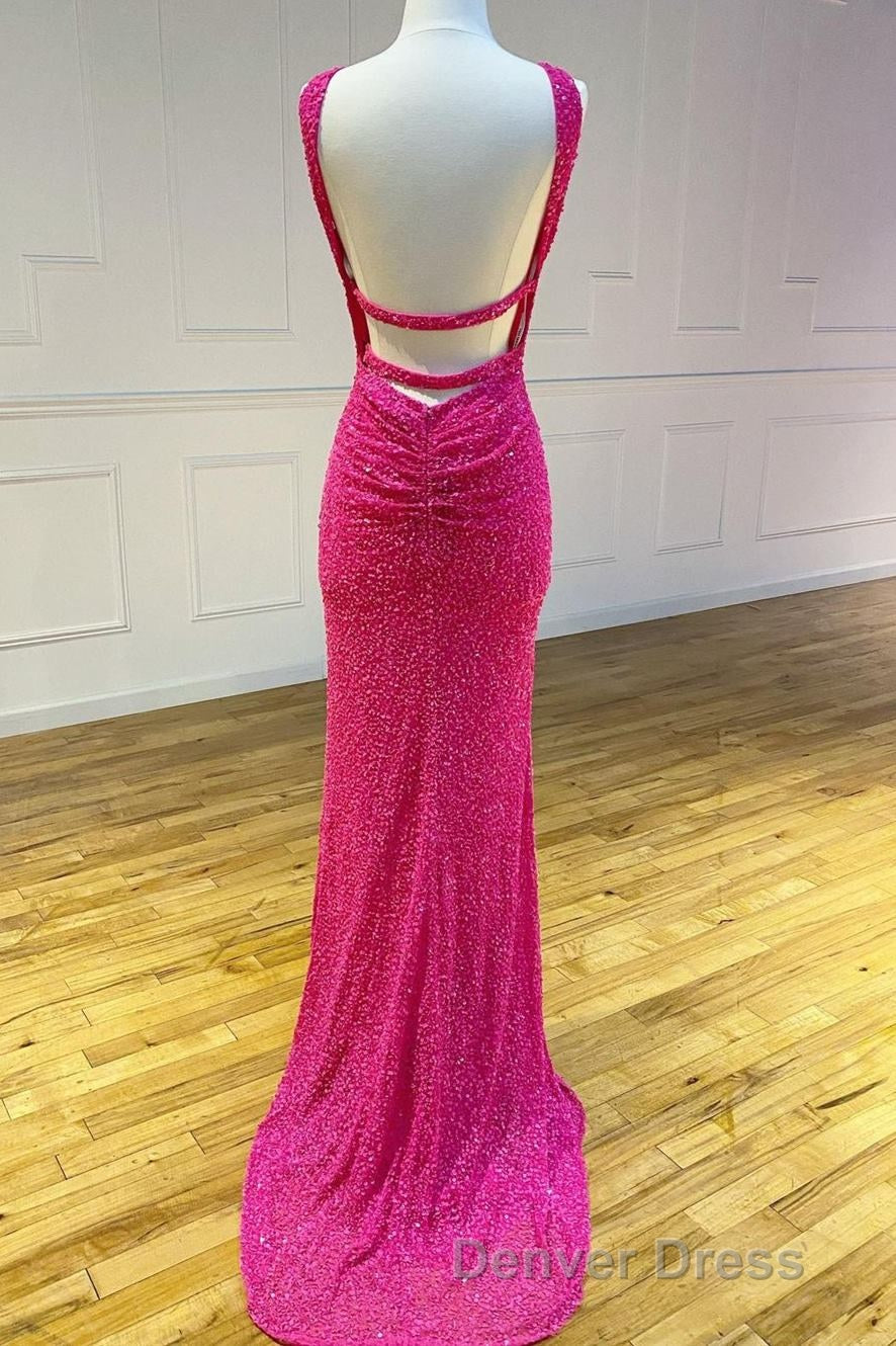 Cross Front Hot Pink Sequins Mermaid Long Formal Dresses Secondary image