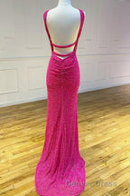 Cross Front Hot Pink Sequins Mermaid Long Formal Dresses