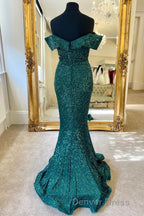Off the Shoulder Burgundy Sequins Mermaid Long Prom Dresses