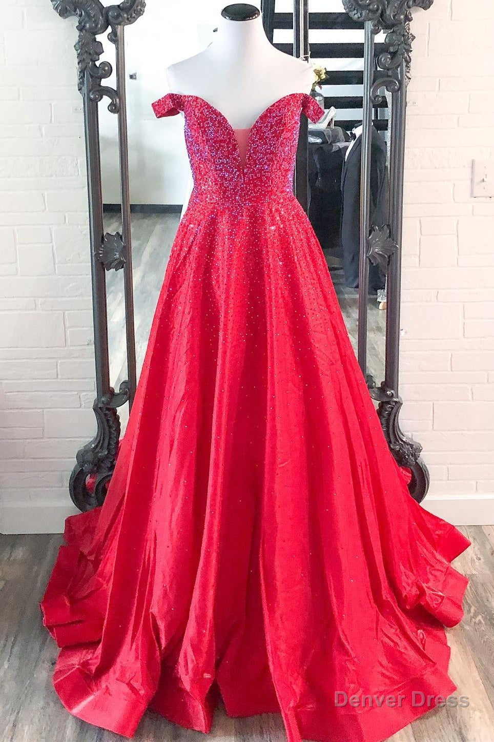Elegant Off the Shoulder Red Beaded Long Formal Gown Main image