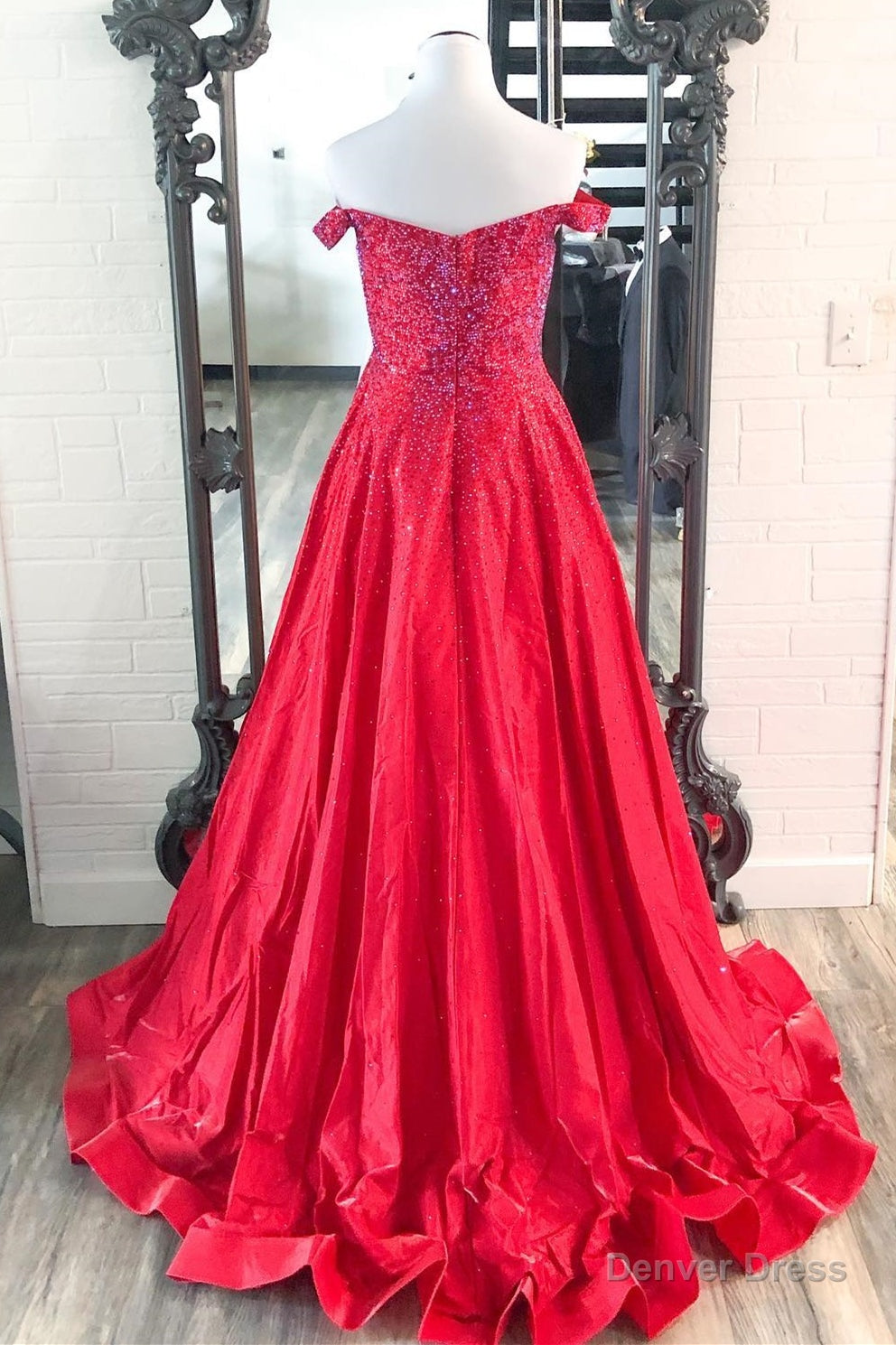 Elegant Off the Shoulder Red Beaded Long Formal Gown Secondary image