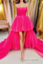 High Low Hot Pink Strapless Prom Gowns