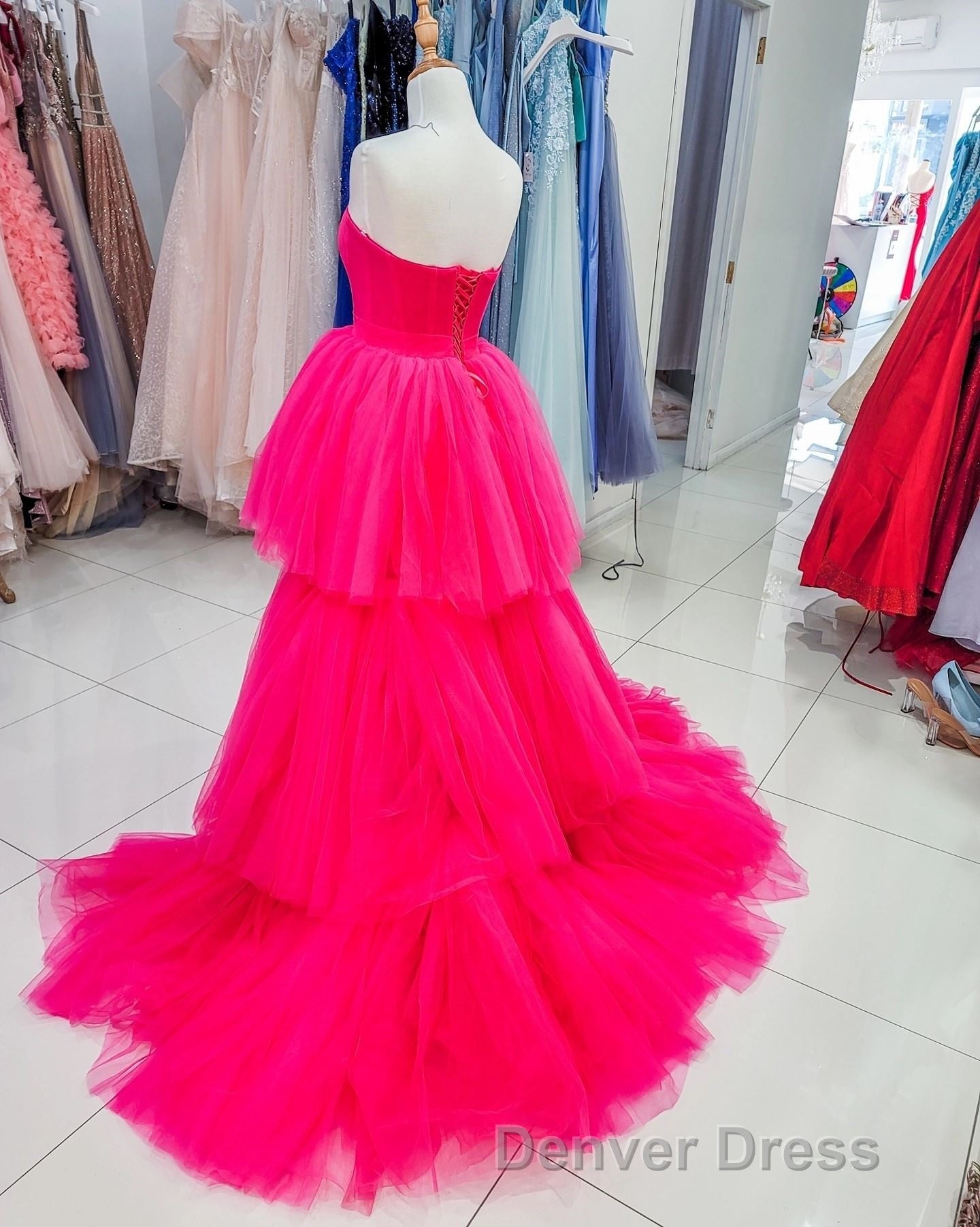 High Low Hot Pink Strapless Formal Gown