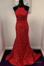 Halter Mermaid Red Sequins Long Dresses