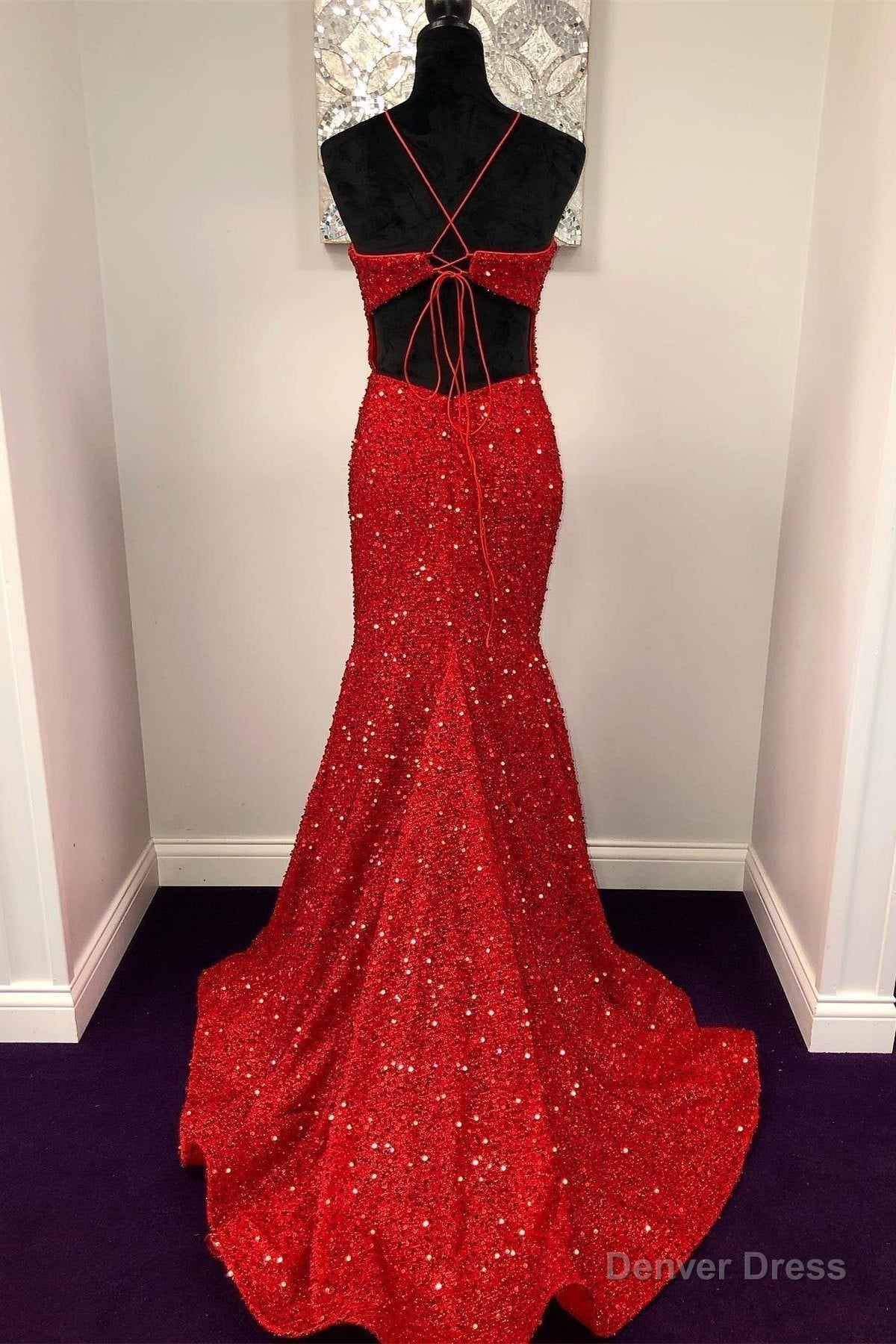 Halter Mermaid Red Sequins Long Dresses