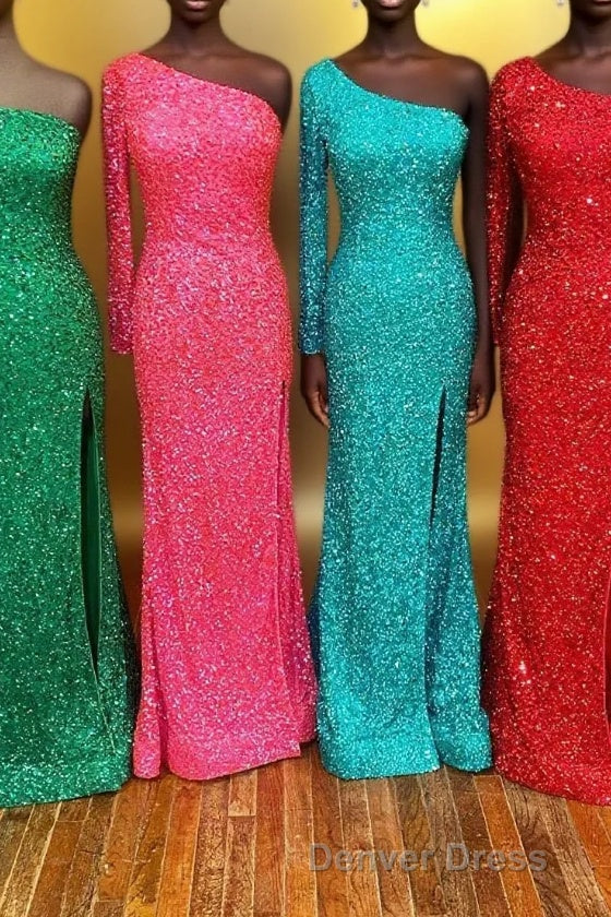 One Shoulder Long Sleeve Mermaid Sequin Long Dresses Main image
