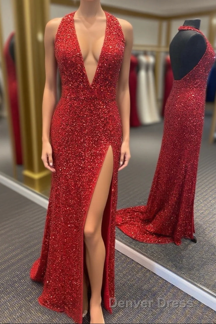 Simply Red Sequin Mermaid Long Prom Dresses with Slit Main image