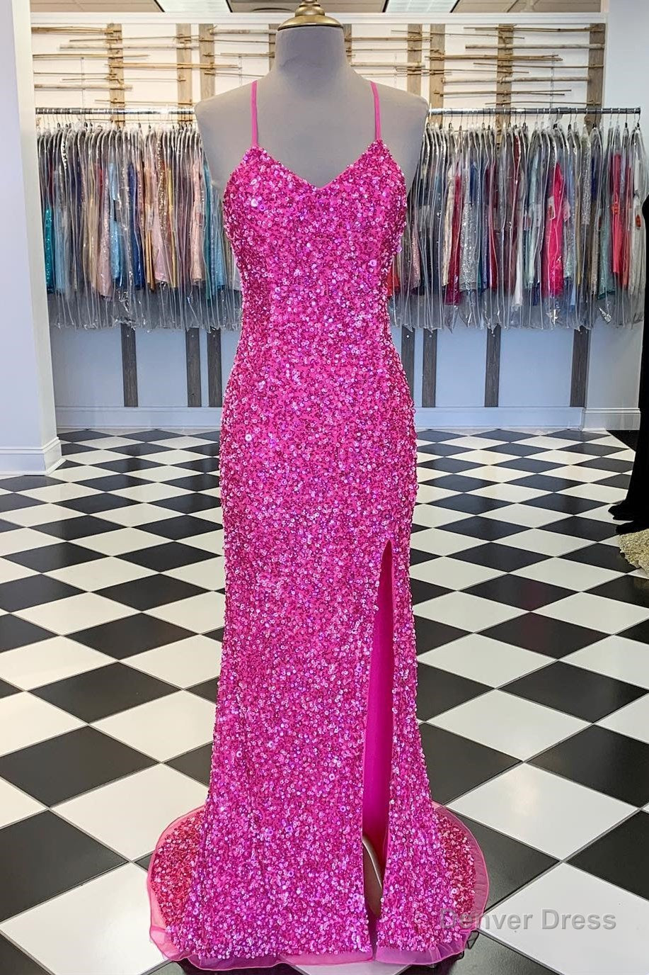 Spaghetti Straps Pink Sequin Mermaid Long Dresses Main image