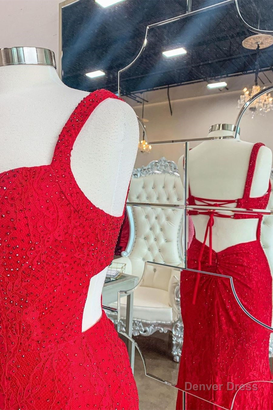 Mermaid Red Lace Long Prom Dress Secondary image