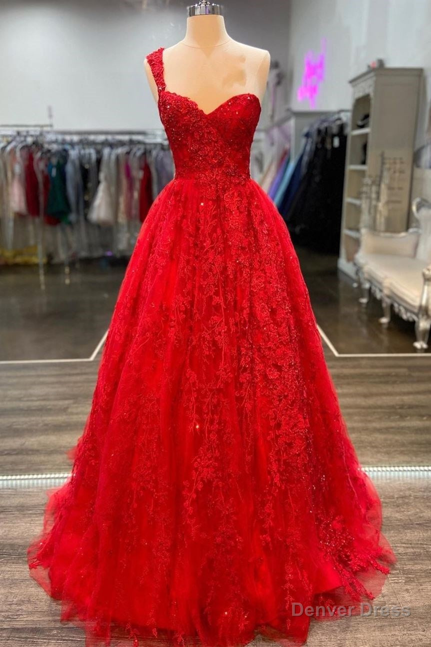 One Shoulder Red A Line Appliques Tulle Prom Gowns