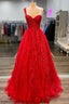 One Shoulder Red A Line Appliques Tulle Prom Gowns