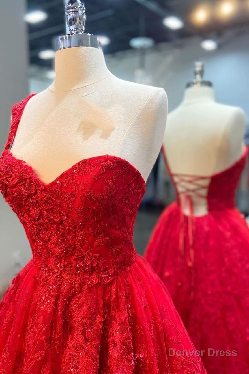 One Shoulder Red A Line Appliques Tulle Prom Gowns Secondary image
