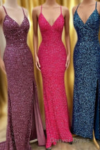 Sparkle Mermaid Sequin Long Prom Dresses with Slit