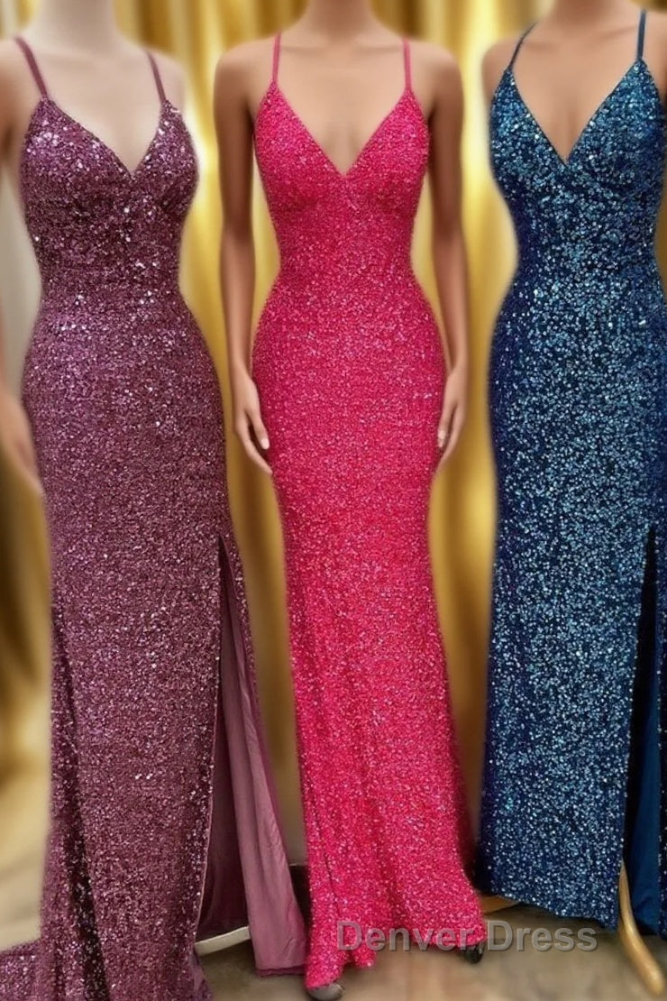 Sparkle Mermaid Sequin Long Prom Dresses with Slit