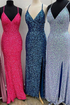 Sparkle Mermaid Sequin Long Prom Dresses with Slit