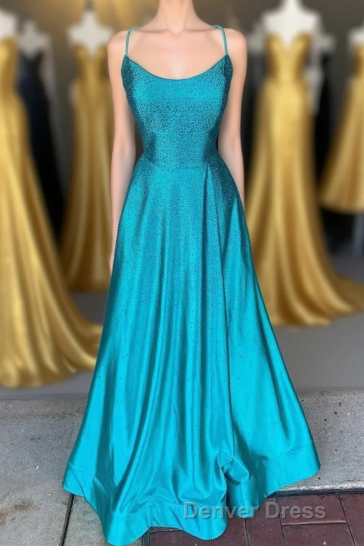 Spaghetti Straps Beaded Teal Blue A-line Long Formal Dresses Main image