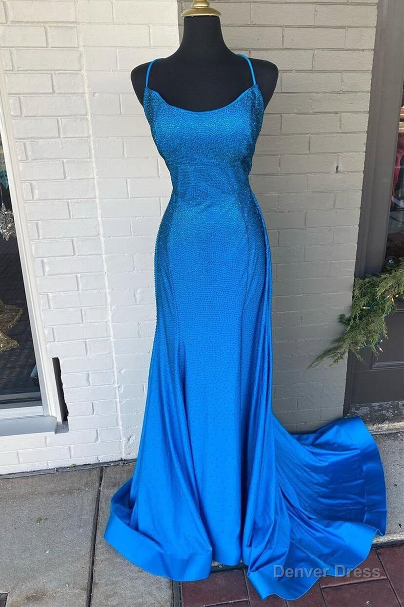 Blue Beaded Mermaid Straps Long Prom Dresses Main image