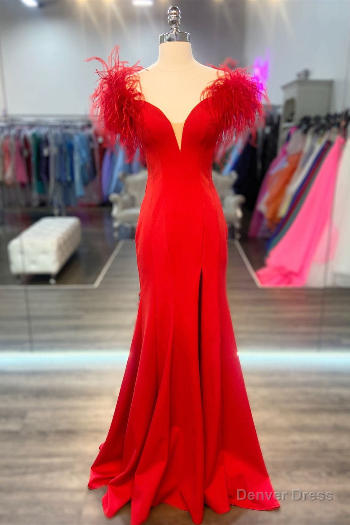 Red Mermaid Fur Off the Shoulder Long Formal Dress Main image