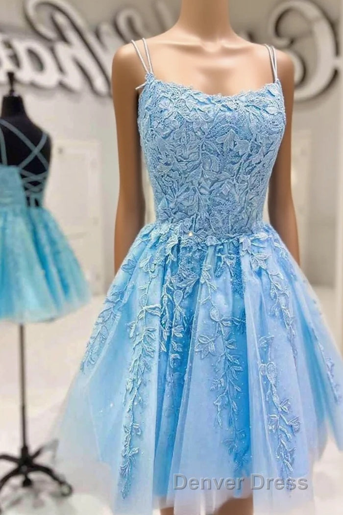 Blue A Line Spaghetti Straps Lace Short Prom Dress, Homecoming Dresses Main image
