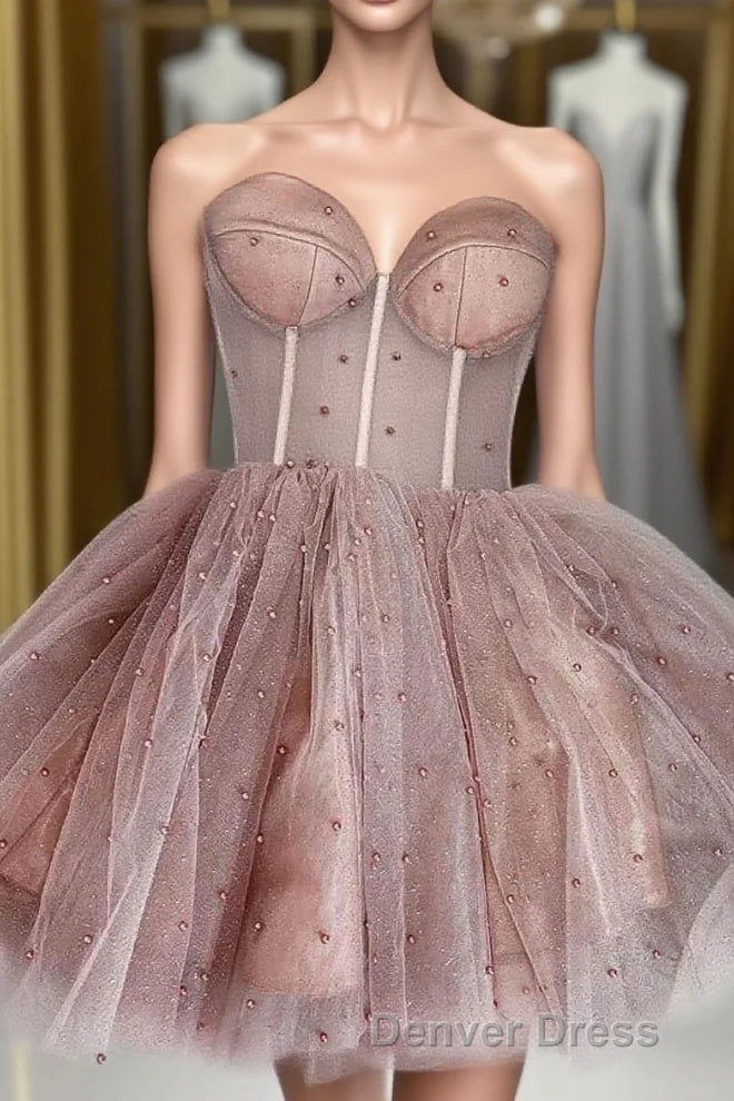 A-line Dusty Rose Sleeveless Tulle Short Homecoming Dresses Main image