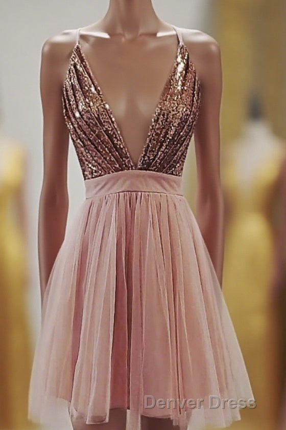 Deep V Neck Spaghetti Straps Sleeveless Sequins Short Prom Dress, Homecoming Dresses