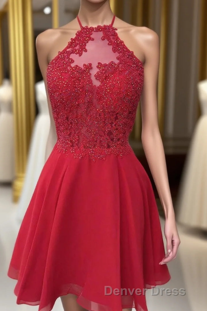 Halter Red Chiffon Appliques Beading Short Homecoming Dresses Main image