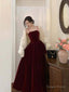 A Line Straps Wine Red Velvet Long Prom Dress, Wine Red Prom Dresses
