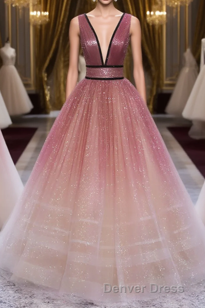 Glitter A-Line V Neck Tulle Long Prom Dresses Tulle Long Formal Party Dresses Main image