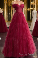 Burgundy A-line Off Shoulder Tulle Shiny Long Prom Dresses