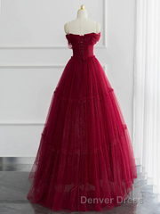 Burgundy A-line Off Shoulder Tulle Shiny Long Prom Dresses