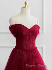 Burgundy A-line Off Shoulder Tulle Shiny Long Prom Dresses