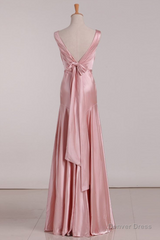 Pink V Neck Satin Backless Long Party Dress Bridesmaid Dress