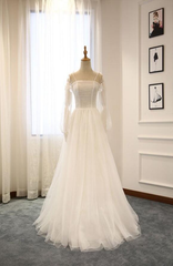 White A-Line Straps Long Sleeves Tulle Long Wedding Dresses