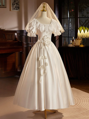 White Satin Short Sleeves Tea Length Lace Retro A-Line Prom Dress