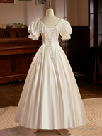 White Satin Short Sleeves Tea Length Lace Retro A Line Prom Dresses