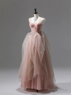 Pink A Line Tulle Long Prom Dresses Prom Gowns
