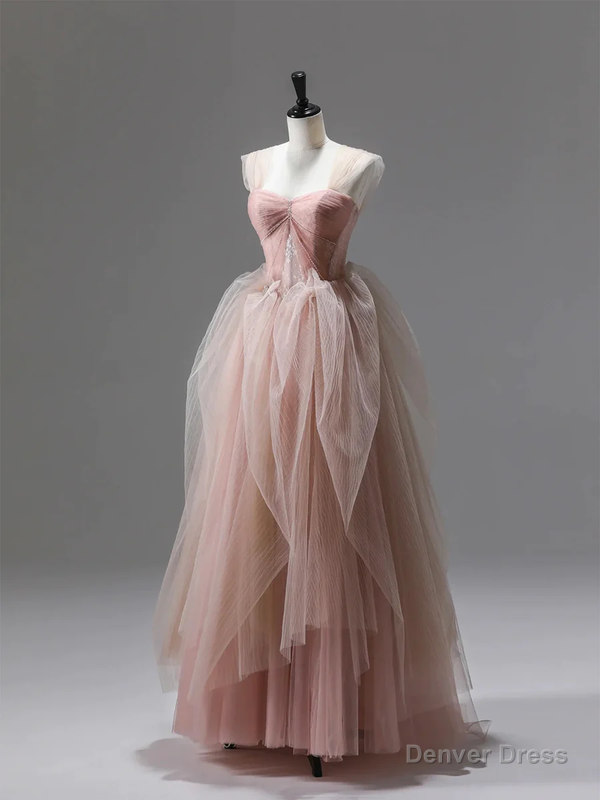 Pink A Line Tulle Long Prom Dresses Prom Gowns