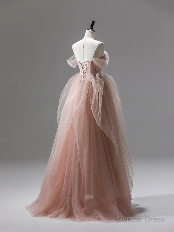 Pink A Line Tulle Long Prom Dresses Prom Gowns Main image