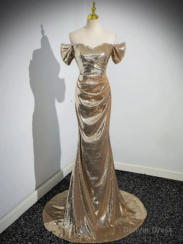 Gold Sequins Off Shoulder Mermaid Long Prom Dress