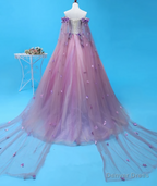 Light Purple Tulle Long Sweet 16 Gowns Flowers Quinceanera Prom Dresses