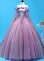 Light Purple Tulle Long Sweet 16 Gowns Flowers Quinceanera Prom Dresses