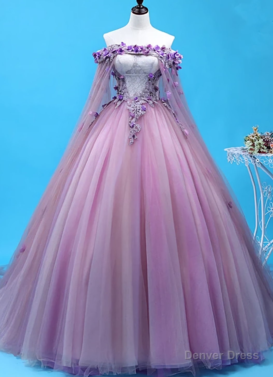 Light Purple Tulle Long Sweet 16 Gowns Flowers Quinceanera Prom Dresses