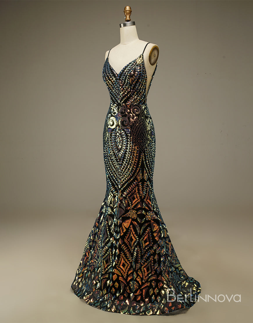 Mermaid Glitter Spaghetti Straps V Neck Long Prom Dresses Secondary image